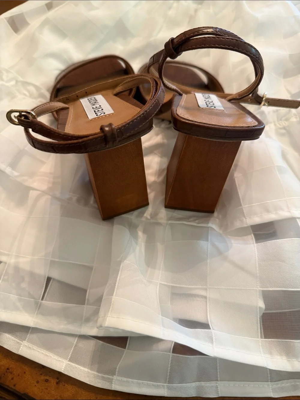 Steve Madden Brown Croc-Embossed Block Heel Sandals with Ankle Strap - Picture 3 of 5